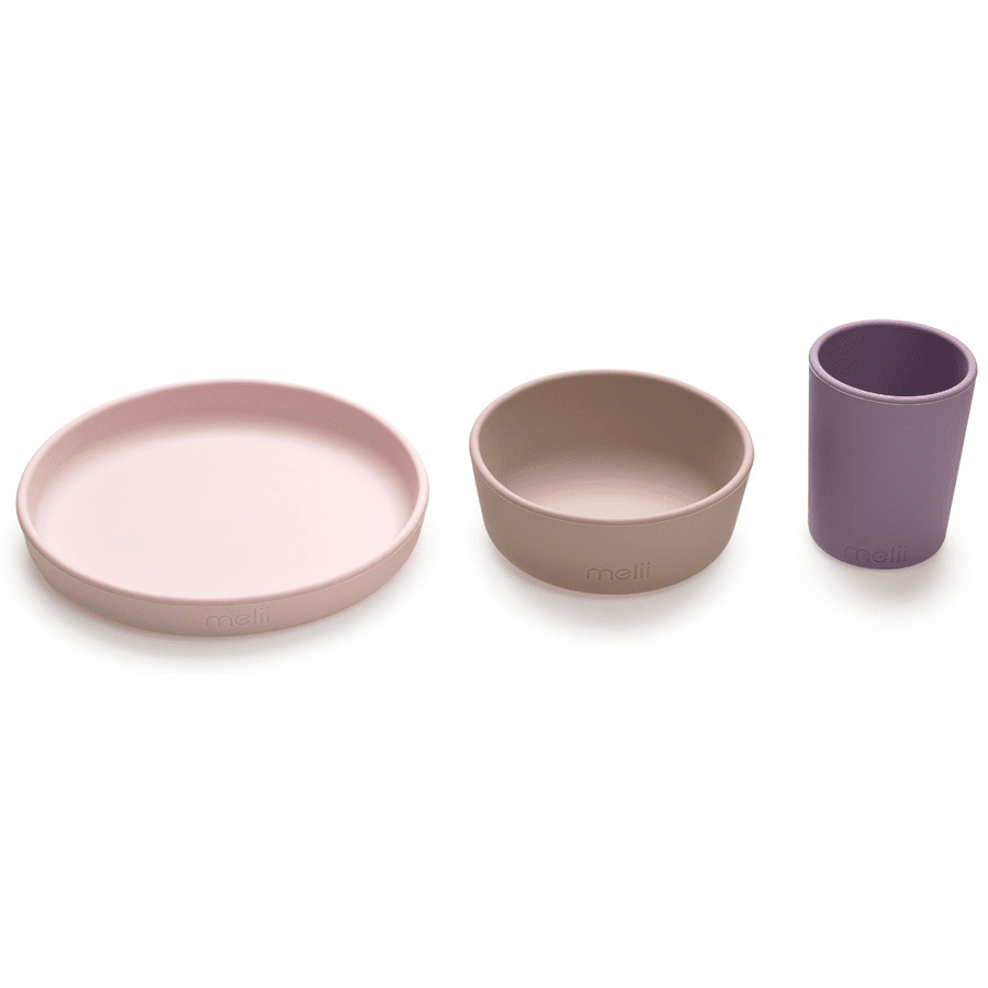 Melii 3 Piece Silicone Meal Set - Plate, Bowl & Cup (Pink, Grey, Purple)