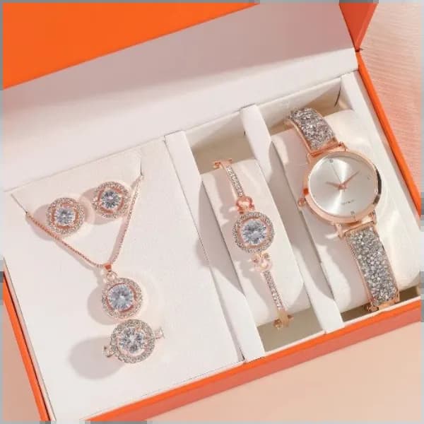 Jongo 1 Pcs Watch With Rhinestone Decor And 5 Piece Jewellery Set