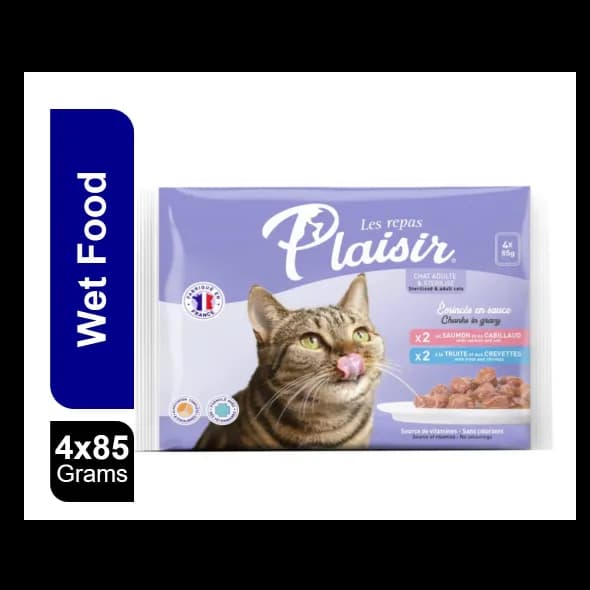 Plaisir Chunks In Gravy Salmon 2 Pcs & Trout 2 Pcs For Cats 85 G 4 Pcs