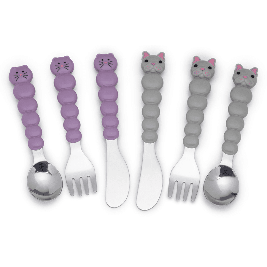 Melii Utensil Set - Purple Cat & Grey Bulldog (6 Pcs)