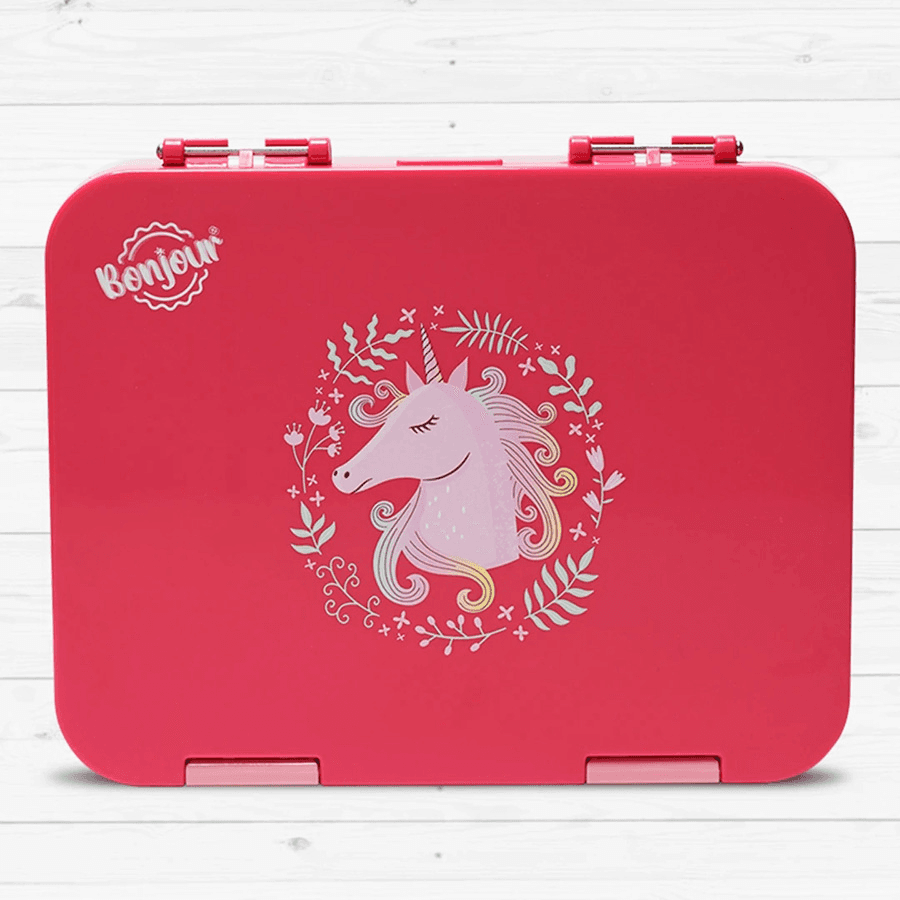 Bonjour Tiff Box Dual Clip Bento Lunch Box, 6/4 Compartments (Pink Unicorn)