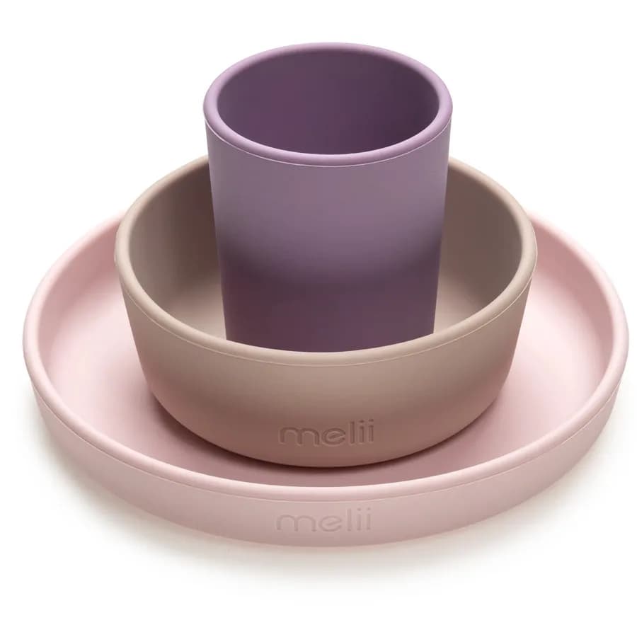 Melii 3 Piece Silicone Meal Set - Plate, Bowl & Cup (Pink, Grey, Purple)