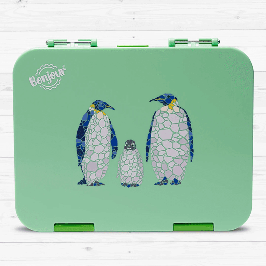 Bonjour Tiff Box Dual Clip Bento Lunch Box, 6/4 Compartments (Green Penguin)