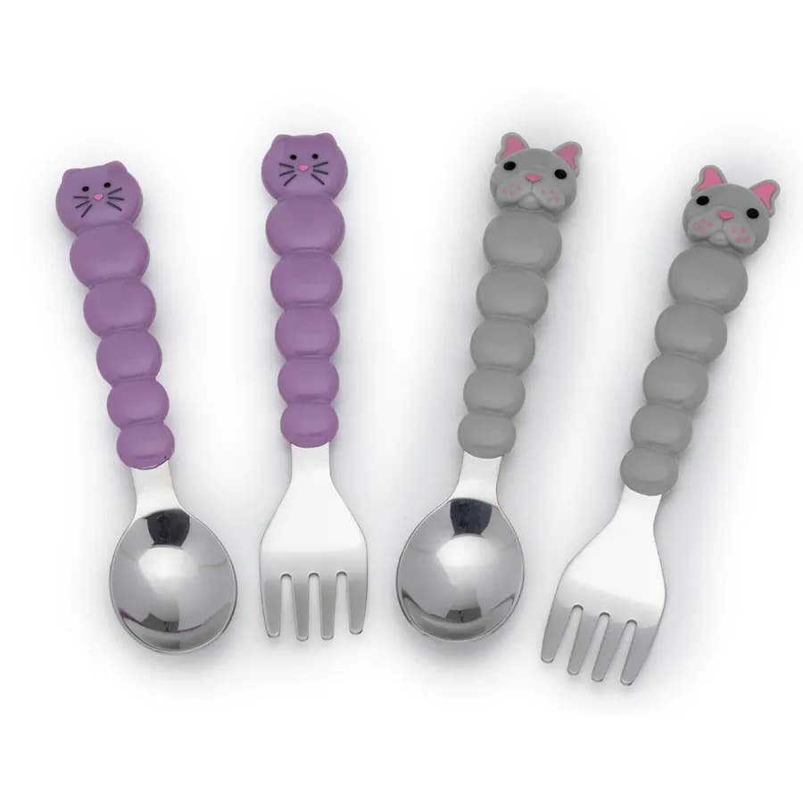 Melii Spoons & Forks Set - Purple Cat & Grey Bulldog (4 Pcs)