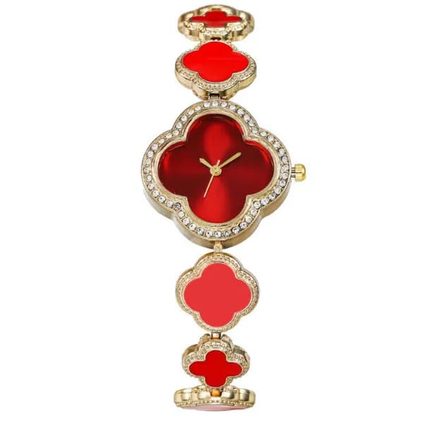 Retro Luxury Dial Four Leaf Clover Charm Bracelet Women Watch - Red