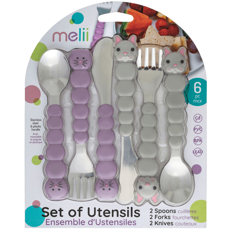 Melii Utensil Set - Purple Cat & Grey Bulldog (6 Pcs)