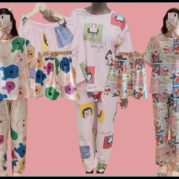 Set Of 9 Cute Cartoon Printed Summer Short Sleeve Casual Home Wear Pajamas Set For Women