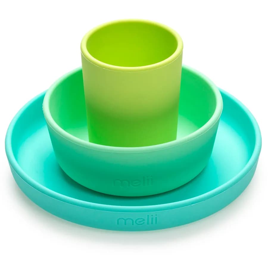 Melii 3 Piece Silicone Meal Set - Plate, Bowl & Cup (Turquoise, Green, Mint)