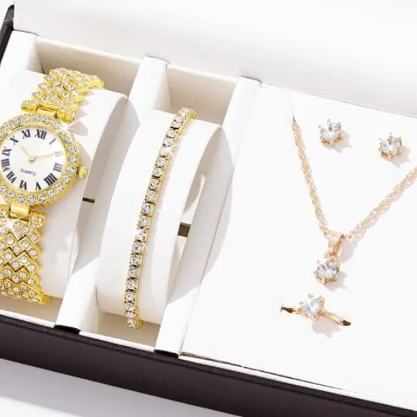 Rhinestone Decor Quartz Watch Wristwatches For Women With 5 Pcs Jewelry Set - Gold