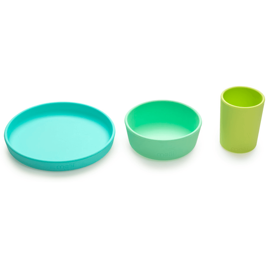 Melii 3 Piece Silicone Meal Set - Plate, Bowl & Cup (Turquoise, Green, Mint)