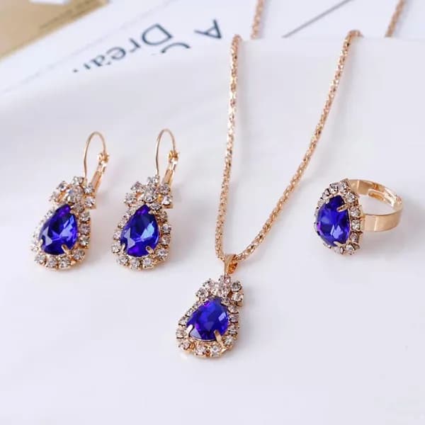 Fashion Waterdrop Shiny Rhinestones Necklace Ring Earrings Women Jewelry Set - Blue