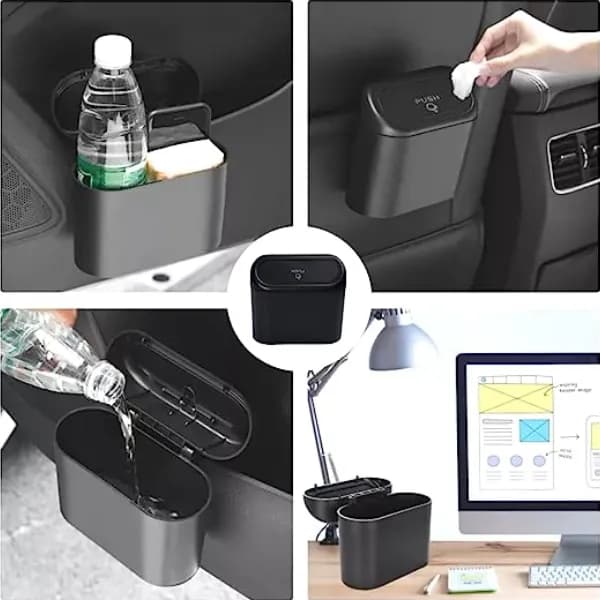 Multi Purpose Car Trash Container Bin With Lid Organizer Basket Holder - Black