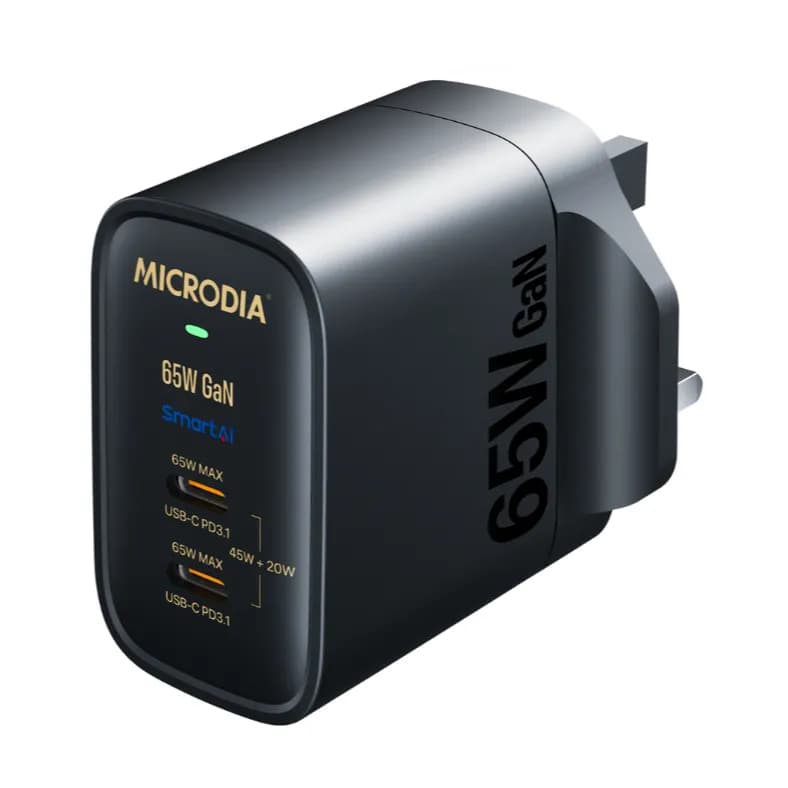 Microdia Nano Wall Charger 65W 2USB-C Port Adapter Black