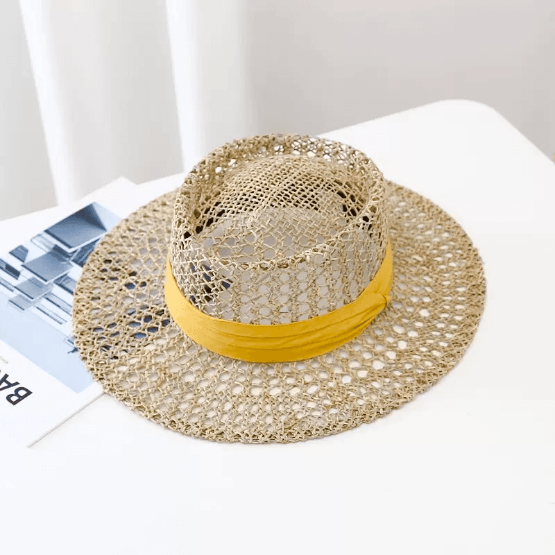 Sun Hats For Women Wide Brim Flat Top Straw Boater Hat Breathable Foldable Packable Beach Hat For Summer ( Yellow )