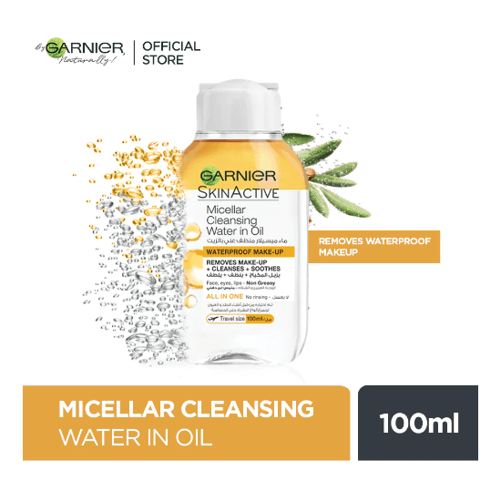 Garnier Skin Active Waterproof & Non-Greasy All In One Micellar Cleansing Water In Oil For All Skin Types - Alcohol Free, Perfume Free 100Ml