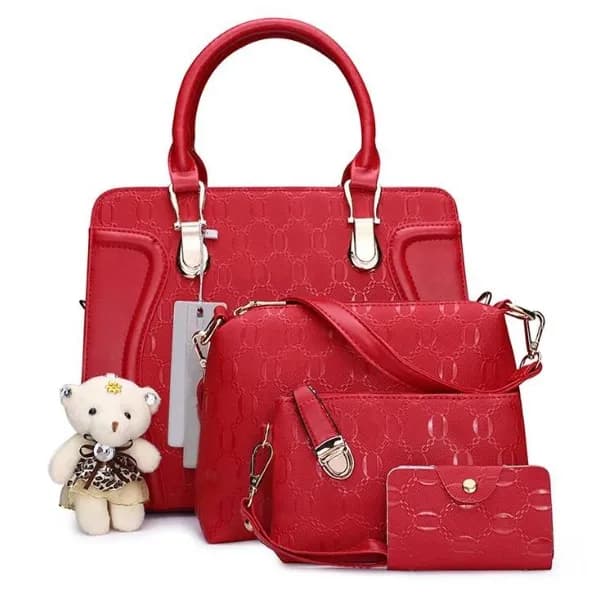 4 Pieces Luxury Sweatheart Rhinestone Crystal Diamond Evening Purse Ladies Wedding Hand Bag - Red