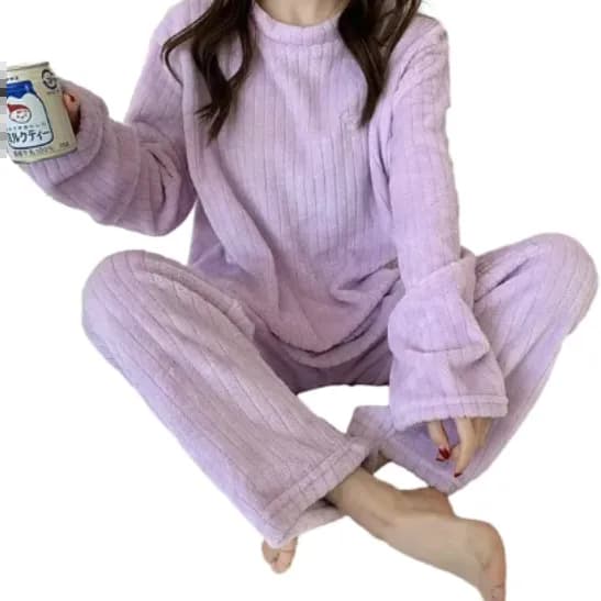 Autumn Winter Coral Fleece Home Wear Pajamas Suit For Women - Violet