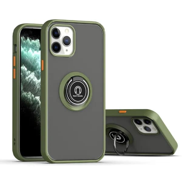 Silicone Soft Edge Mobile Case With Metal Finger Ring Holder Stand For Apple Iphone 12 Pro Max - Army Green