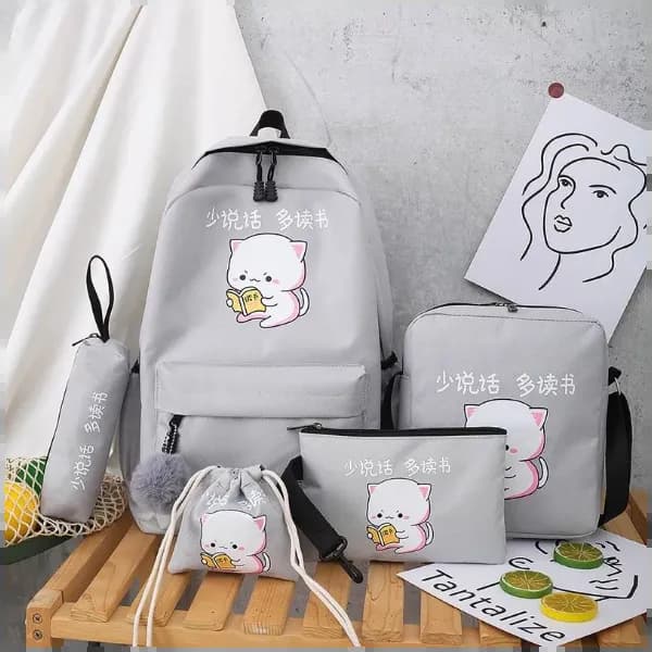 Generic 5 Pieces Female Color Matching Backpack Schoolbag - Grey