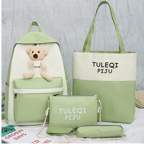 4 Pieces Fashion Cute Bear Canvas Shoulder School Bag For Teenage Girls - Green