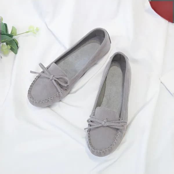 Bow Reverse Suede Leather Breathable Cow Tendon Sole Set Casual Shoes Eu 38 For Women - Grey(Ja141)