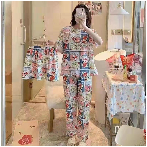 Set Of 9 Cute Cartoon Printed Summer Short Sleeve Casual Home Wear Pajamas Set For Women