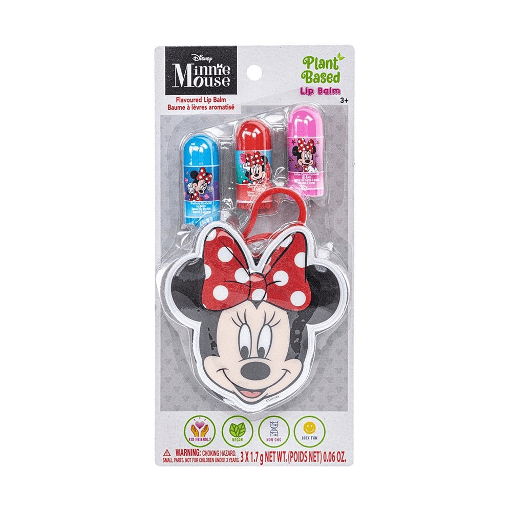 Townley Girl Disney Minnie Mouse Plant-Based Flavored Lip Balm Trio Set With Keychain Bag (4 Pieces)