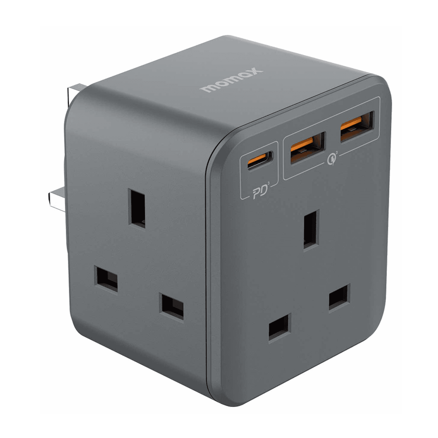 شاحن Momax مع 3 بلكات ثلاثية / مدخلين Usb / تايب سي Pd سريع / صغير جداً / رمادي