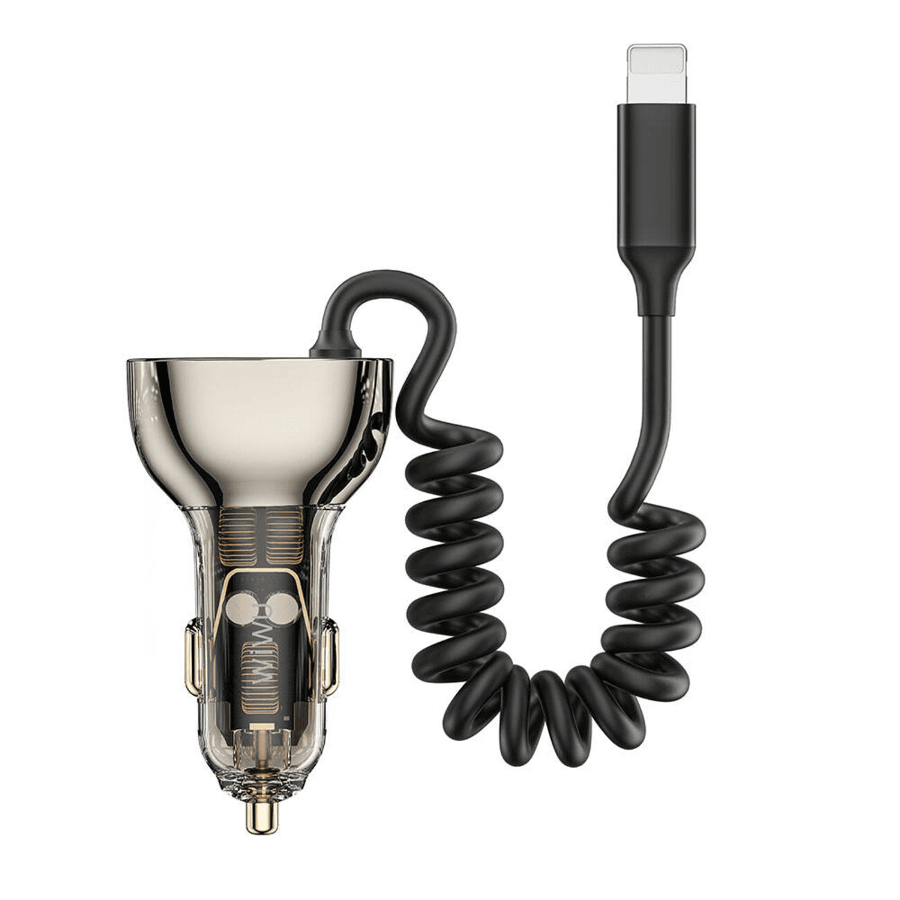 شاحن سيارة من Wiwu / يعطيك مدخل تايب سي و مدخل Usb / مع واير Lightning مدمج / قوة 90 واط