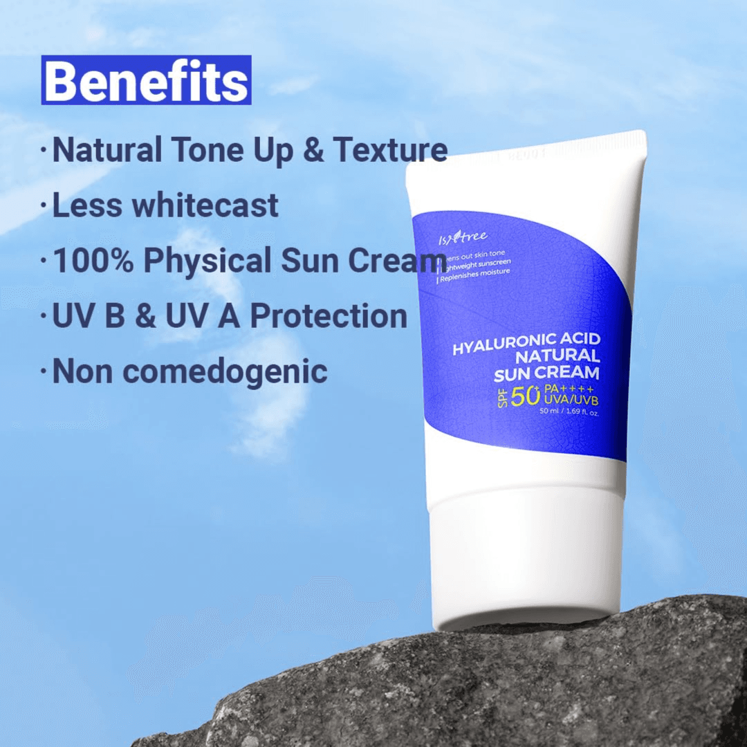 كريم الوقاية الشمسي الطبيعي بحمض الهيالورونيك من إيزنتري، بعامل حماية من الشمس SPF50 وتقييم PA++++، بسعة 50 مل.
