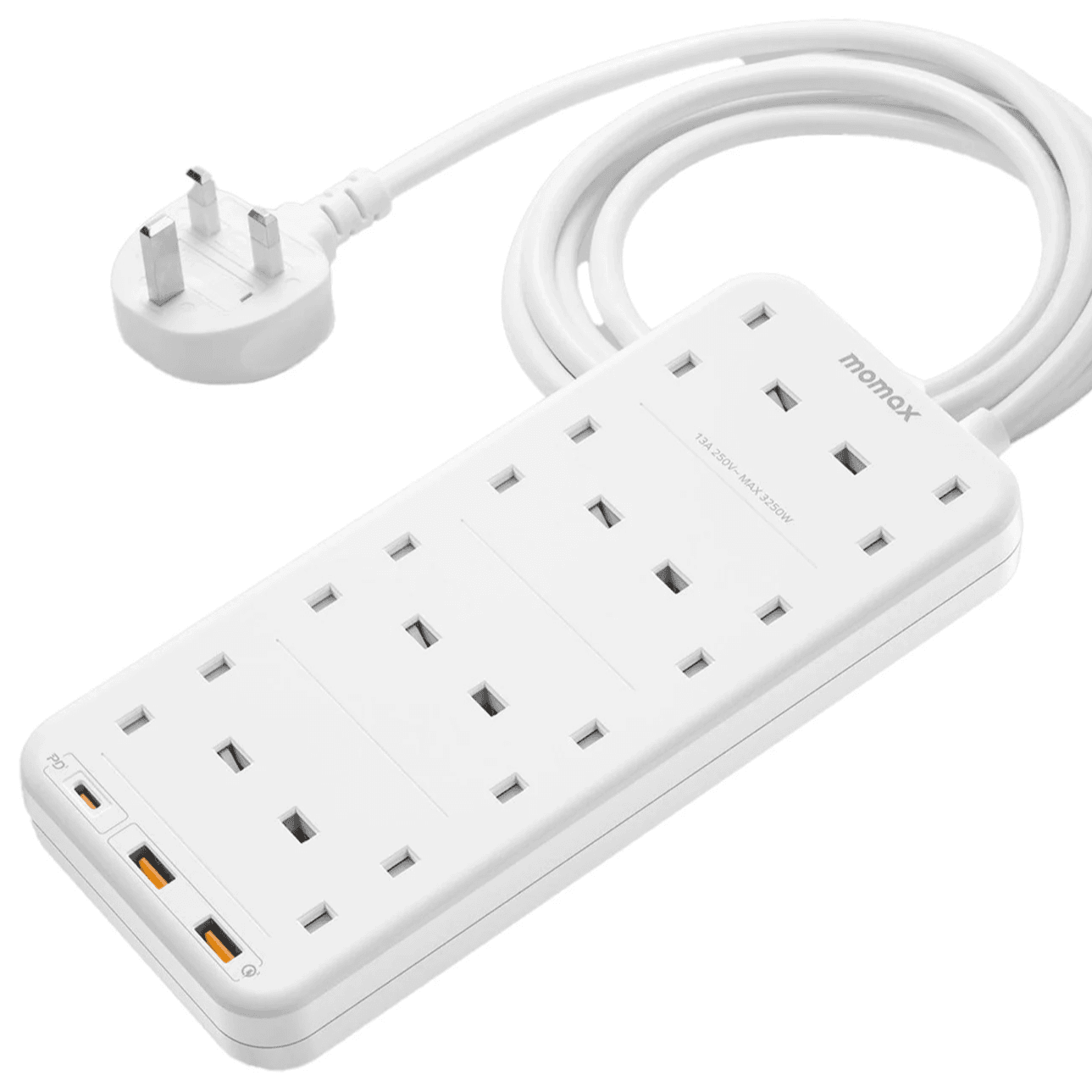 توصيلة Oneplug من Momax / مع 8 مداخل كهرباء ثلاثية و مدخلين Usb و مدخل تايب سي / ابيض