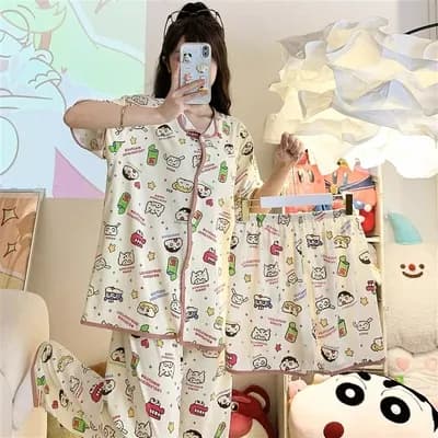 3Pcs Summer Cotton Nightwear Cute Print Sleepwear Casual Women'S Pajamas