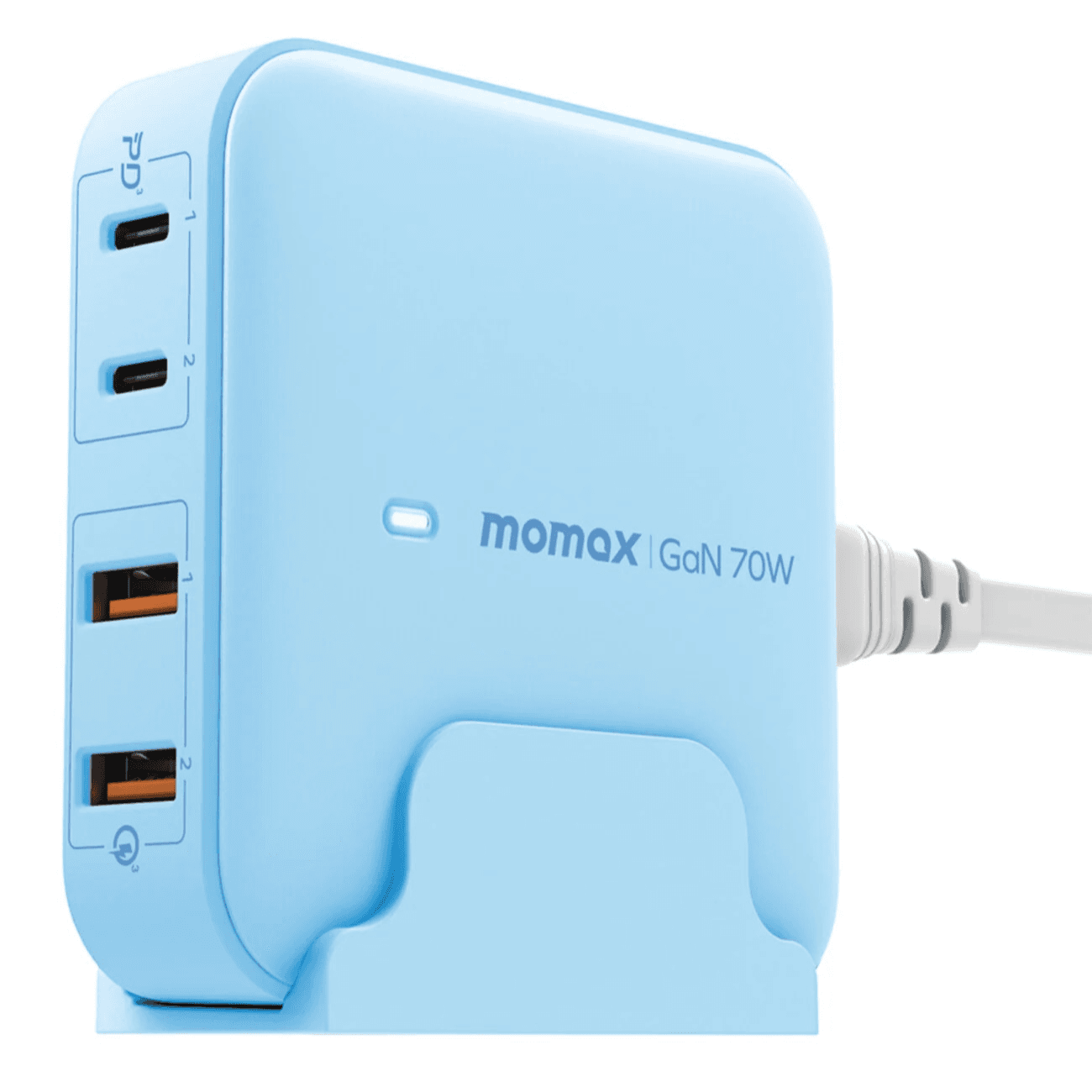 شاحن Oneplug Gan من Momax / مع مدخلين تايب سي و مدخلين Usb / قوة 70 واط / ازرق