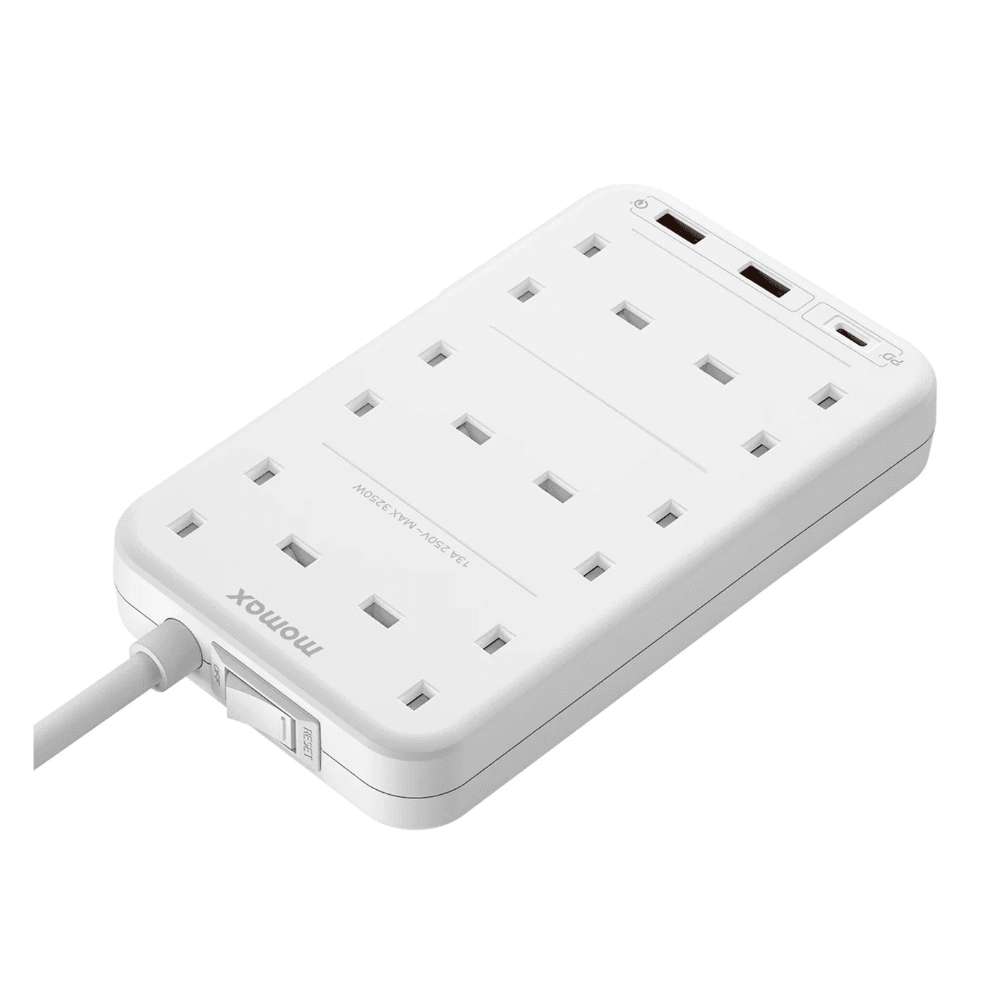 توصيلة Oneplug من Momax / تعطيك 6 مداخل ثلاثية Ac + مدخلين تايب سي + مدخل Usb / ابيض