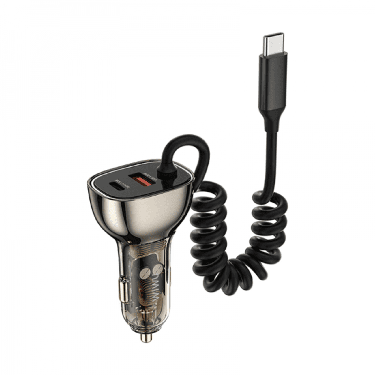 شاحن سيارة من Wiwu / يعطيك مدخل تايب سي و مدخل Usb / مع واير تايب سي مدمج / قوة 90 واط