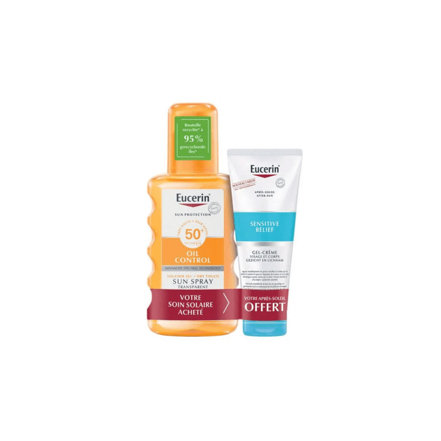 رذاذ مراقبة الزيوت واقي من الشمس من Eucerin بعامل حماية SPF50+ وبحجم 200 مل، بالإضافة إلى كريم مريح بعد التعرض للشمس بحجم 50 مل.