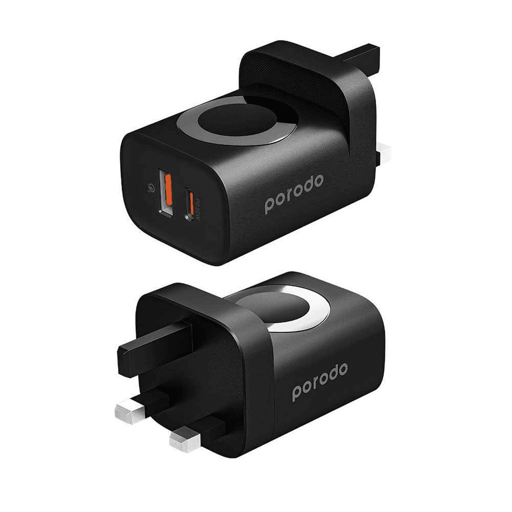Porodo Dual Port Multi-Device Wall Charger With Integrated Watch Charger Black