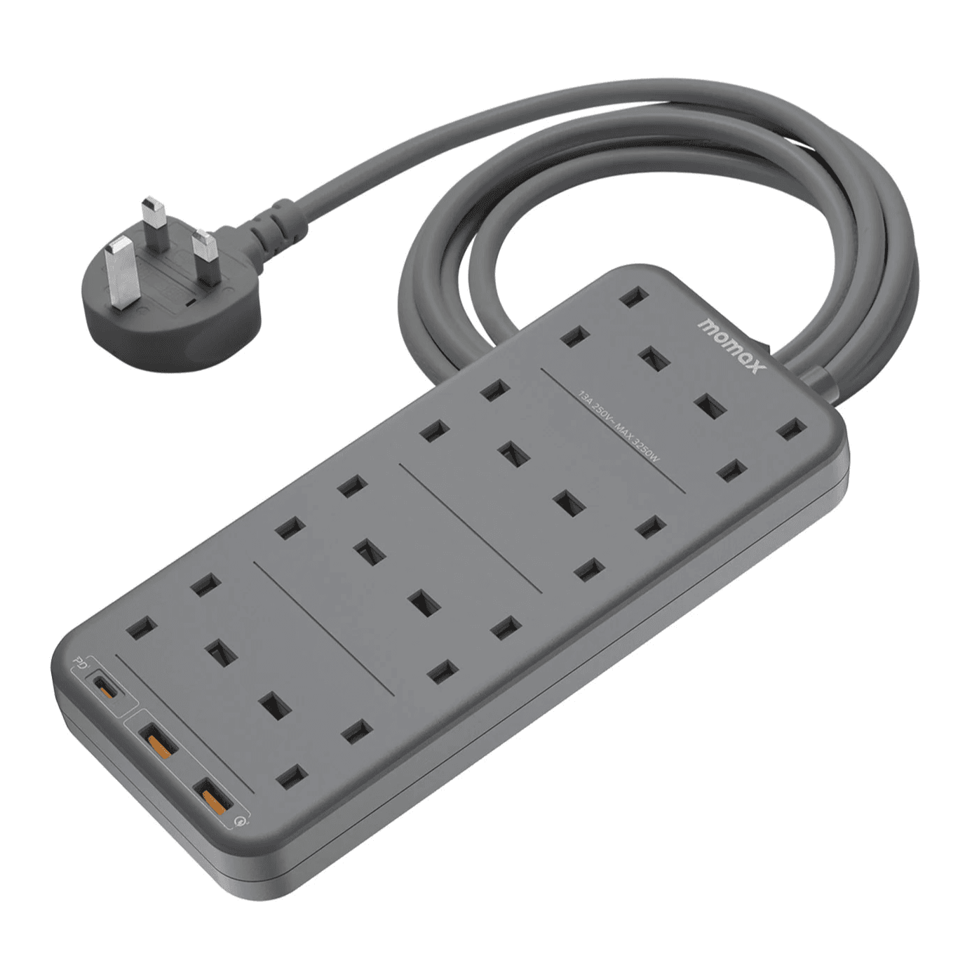 توصيلة Oneplug من Momax / مع 8 مداخل كهرباء ثلاثية و مدخلين Usb و مدخل تايب سي / اسود