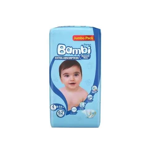 Sanita Bambi Baby Diapers Jumbo Pack Large Size 4, 62 Count, 8-16kg