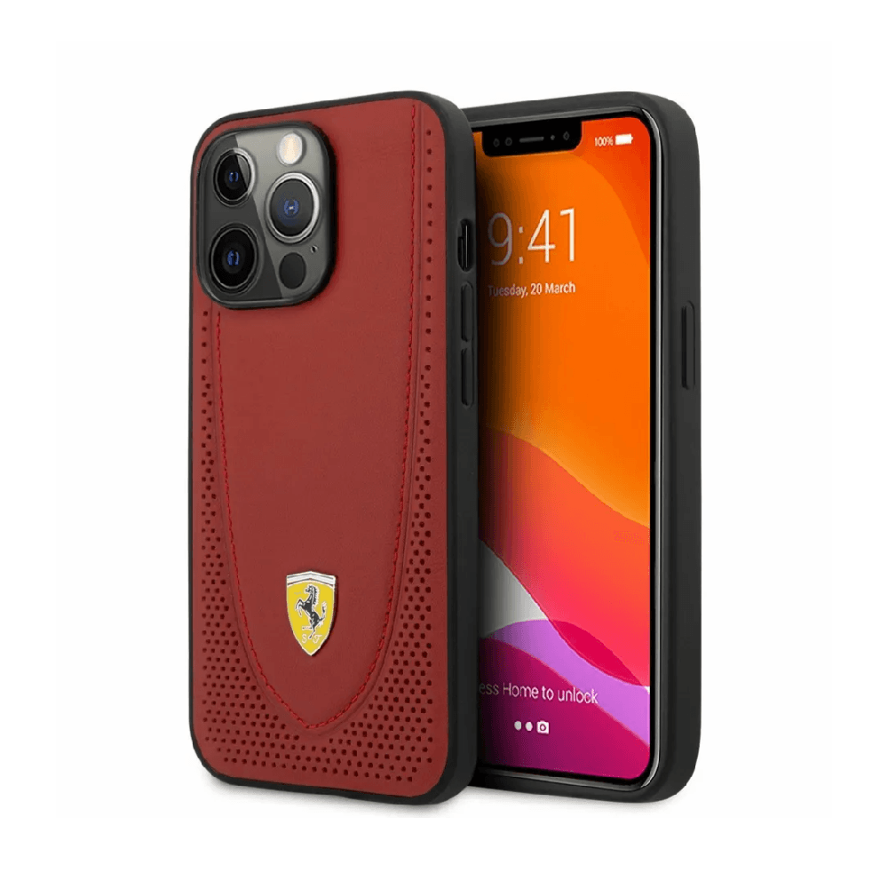 Ferrari Magsafe Leather Stitched Hard Case For iPhone 14 Pro - Red