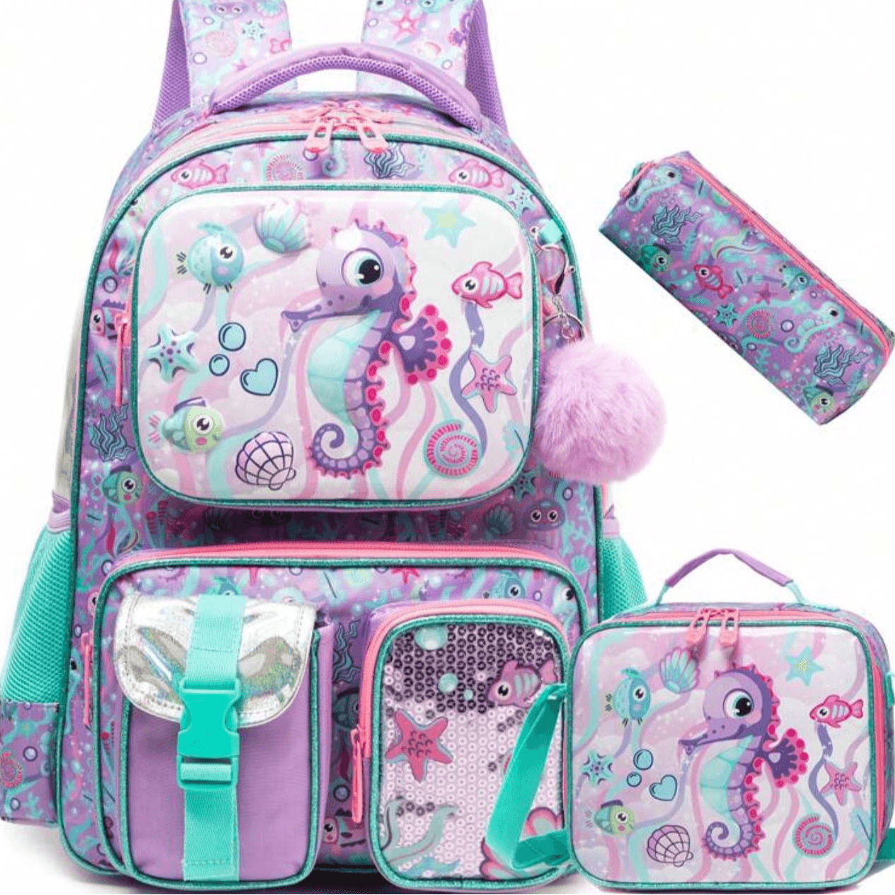 3 Pcs School Set ( Backpck / Lunch Bag / Pencilcase) - Sea Horse