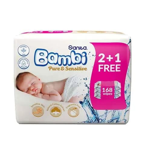 Sanita Bambi Baby Wipes Pure And Sensitive 64 Pieces x Pack of 3