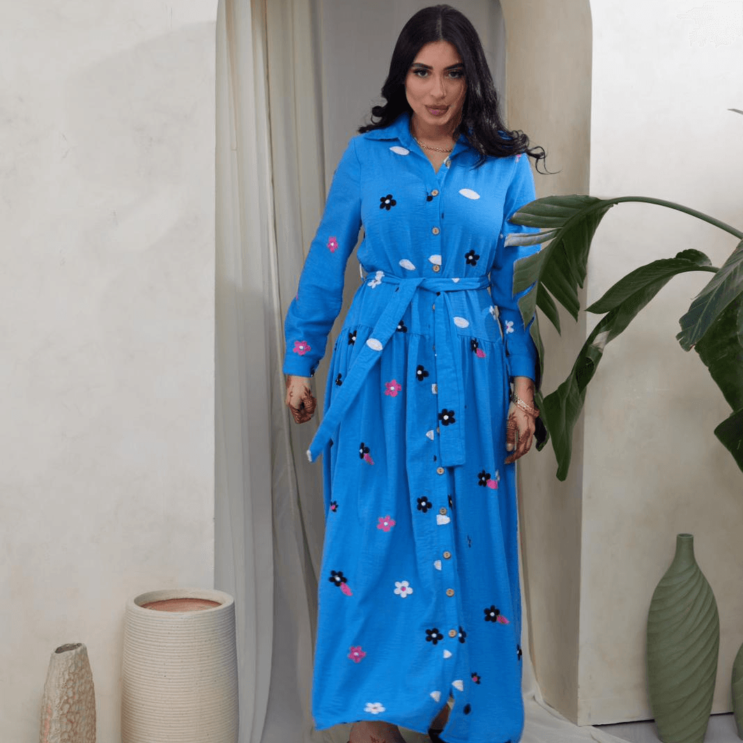 Linen Flora Dress Xl - Blue