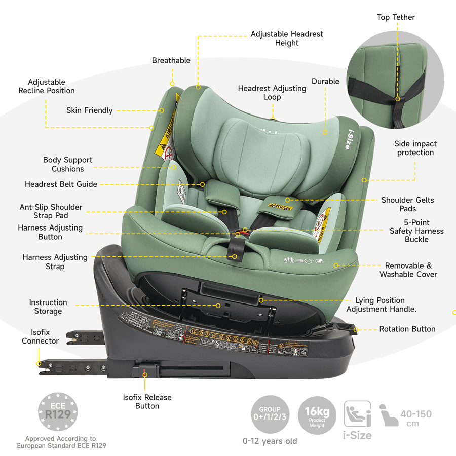 Jovikids Ranger TT ISOFIX 360° Rotating Car Seat I-size (Green)