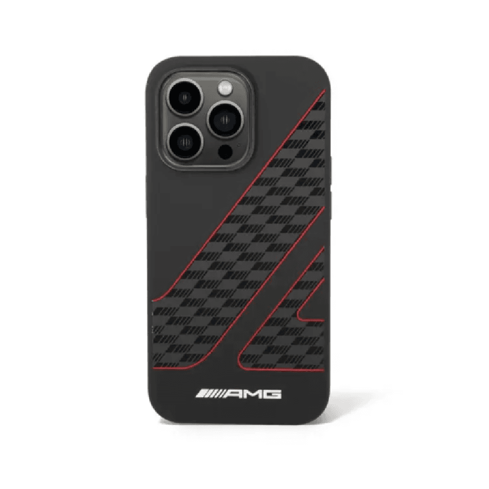 Amg Liquid Silicon Case With Checkered Flag Pattern For iPhone 14 Pro - Black/Red