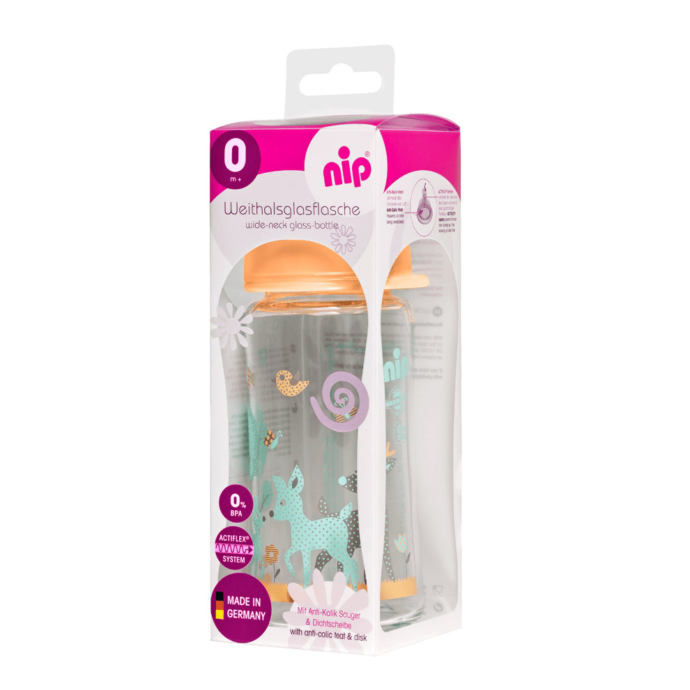 Nip Wide Neck Glass Bottle With Silicone Teat-M 240ml Girl Deer