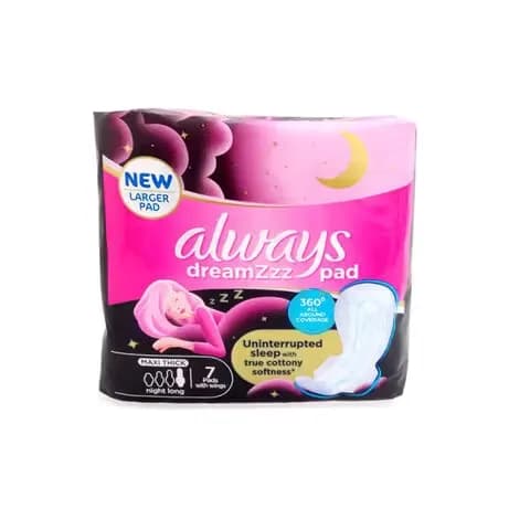 Always Dreamzz Women Pads Cotton Soft Maxi Thick Night Long With Wings 7 Counts