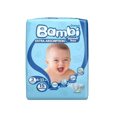 Sanita Bambi Extra Absorption Dynamic Baby Diaper 6-11kg Size 3 Medium 15 Diapers