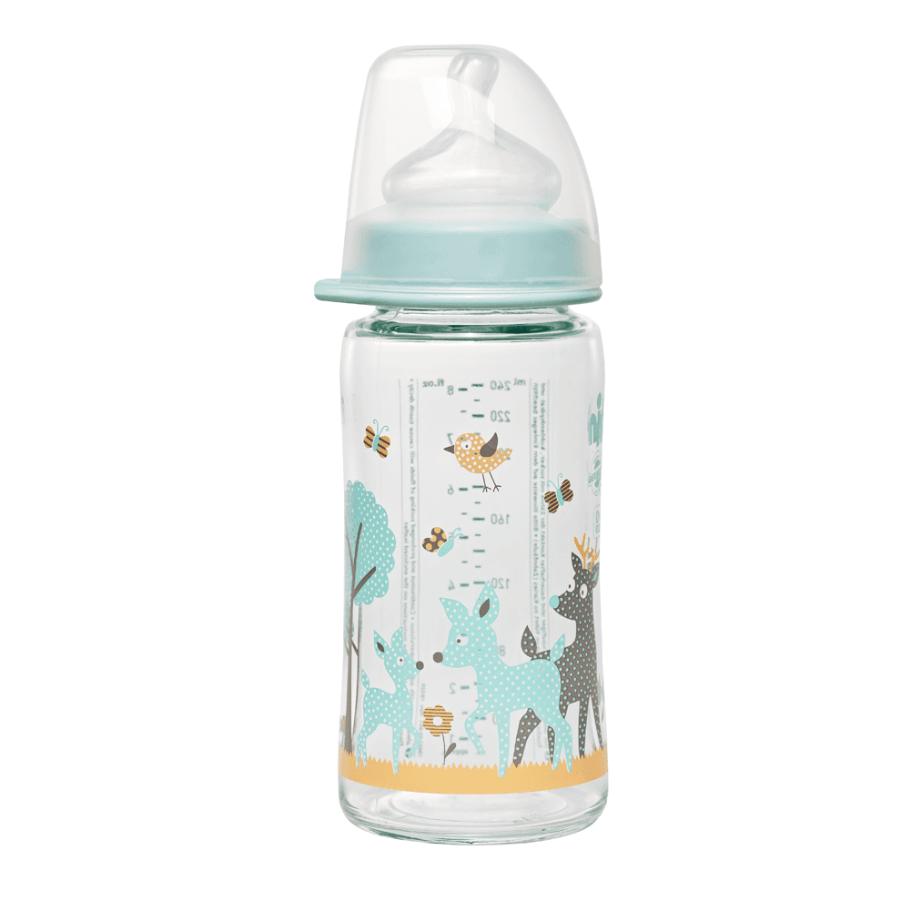 Nip Wide Neck Glass Bottle With Silicone Teat-M 240ml Boy Deer
