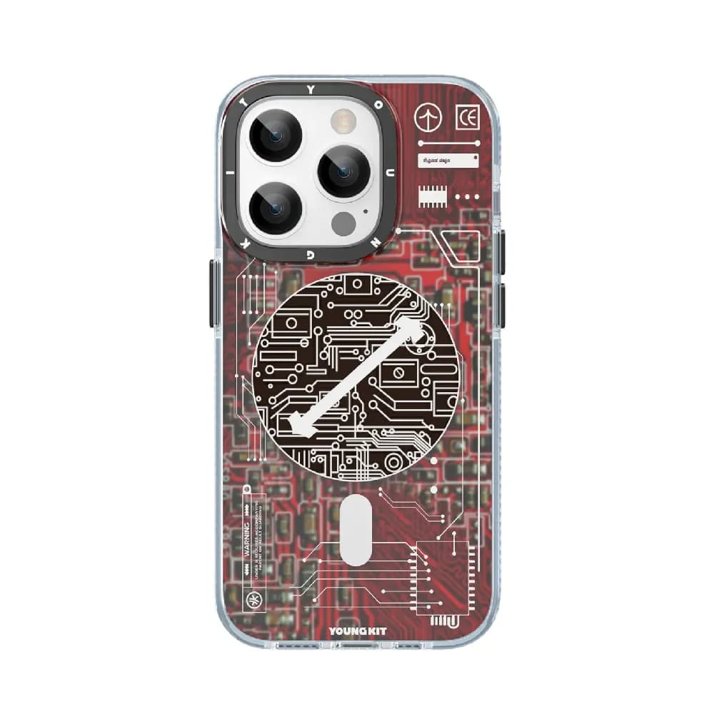 Youngkate Futuristic Circuit Magsafe Case For iPhone 15 Pro - Red